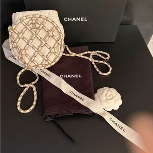 CHANEL Cream Quilted Round Crossbody Bag with Gold Chain
